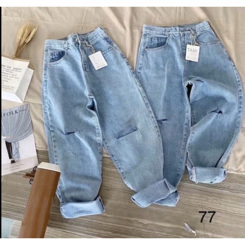 [Bigsize 30-35] Quần Baggy Xanh Nhạt Rách 2 Gối Sắn Lai. Jean Lưng Cao Không Giãn