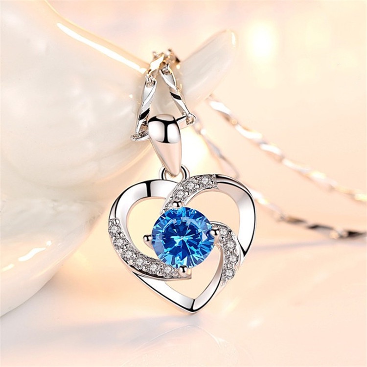 Japanese and Korean Eternal Crystal Wishbone Chain 925 Heart Pendant Silver Plated Diamond Sapphire Women's Necklace