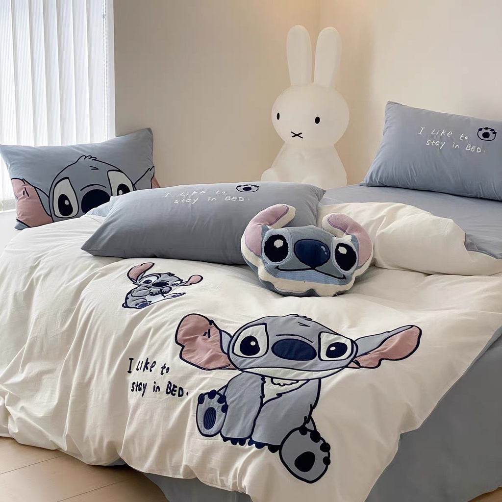 Bộ Chăn Ga Gối 5 Món mẫu STITCH -  Cotton Linen Họa Tiết Hoạt Hình Disney Dễ Thương