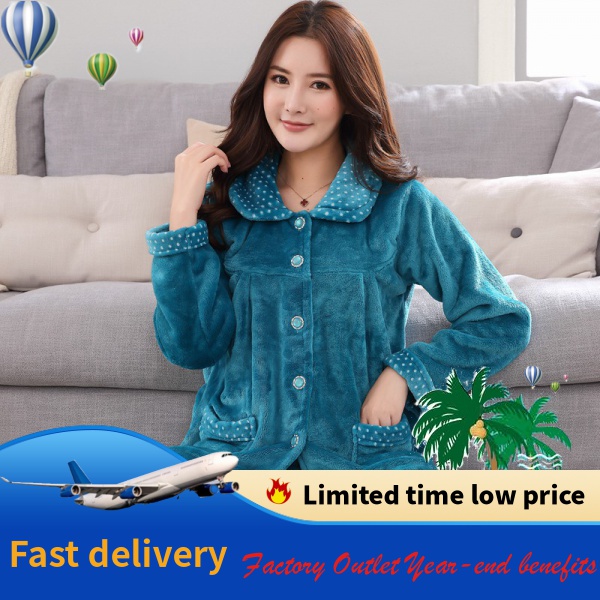 Bộ Đồ Ngủ Lông Cừu San Hô Flannel Dày Tay Dài Thời Trang Thu Đông Cho Nữ Trung Niên Cỡ Lớn