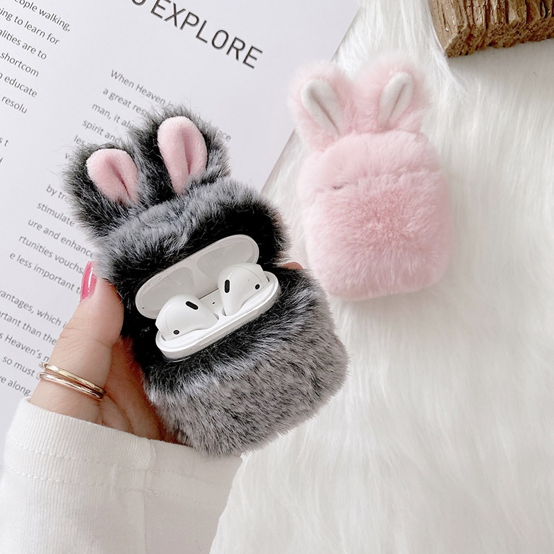 Vỏ Bảo Vệ Hộp Sạc Tai Nghe Airpods Pro/2/1 Bằng Silicon Hình Tai Thỏ Phối Lông Dễ Thương