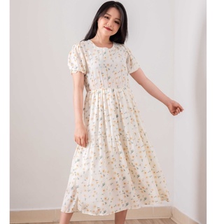 Váy babydoll hoa nhí tay bồng, Đầm nữ vintage Hàn Quốc ( hoa vàng, hoa hồng)