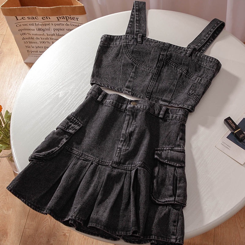 Bộ đồ JSC gồm áo hai dây denim và chân váy chữ A lưng cao xếp ly thời trang mùa hè cho nữ