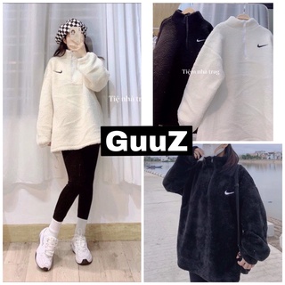 Áo lông cừu nữ logo NI khoá cổ lọ dáng ngắn [FREESHIP] Áo sweater form rộng nữ màu đen, trắng chất dày giữ nhiệt GuuZ