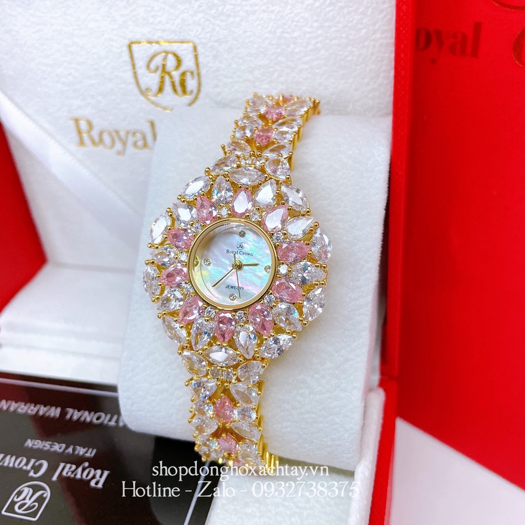 Đồng Hồ Nữ Royal Crown 2035 Đá Trắng Hồng Gold 34mm