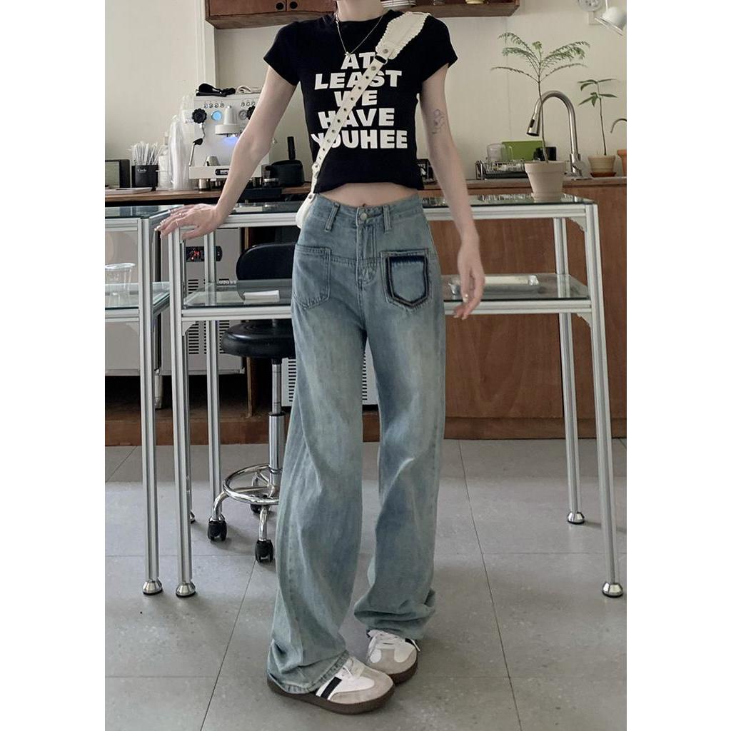 Quần Jean Ống Rộng Lưng Cao Có Túi Màu Sắc Tương Phản Phong Cách Thời Trang Mới 64186