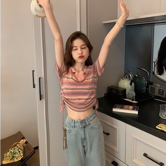 【ZHELIHANGFEI】Áo Thun POLO Tay Ngắn Cổ POLO Họa Tiết Kẻ Sọc Phối Dây Rút Thời Trang Trẻ Trung