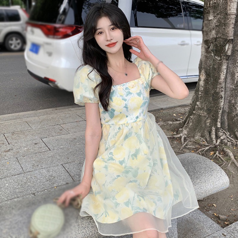 Đầm Tay Ngắn Cổ Vuông Phối Lưới In Họa Tiết Dễ Thương Thời Trang Mùa Hè Cho Nữ