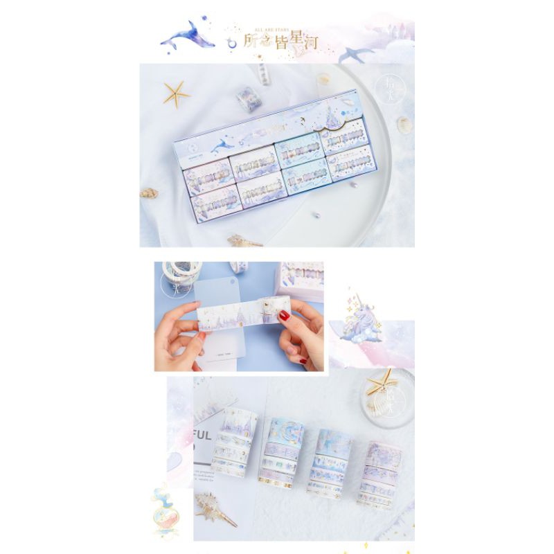 Set 5 cuộn băng dính washi tape 5m trang trí có nhũ