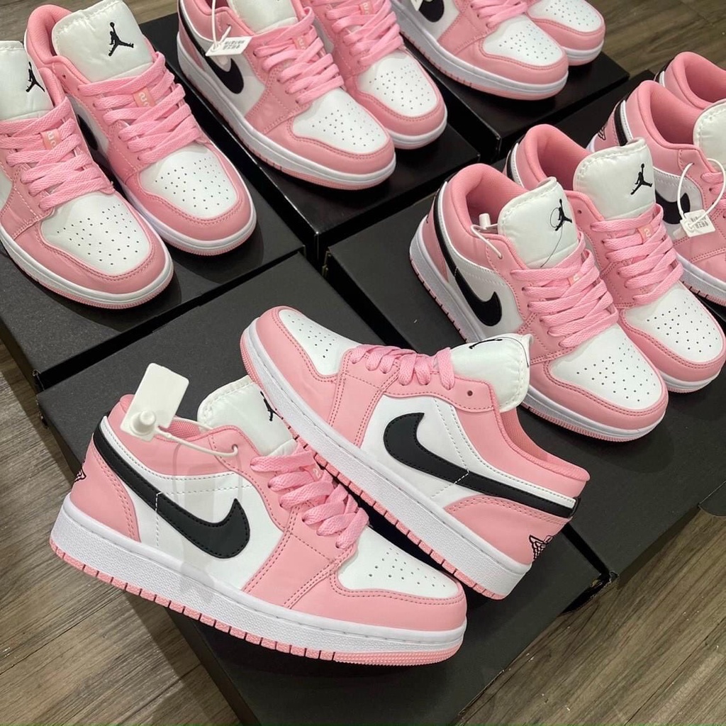 Giày Jordan hồng cổ thấp, giày sneaker nữ JD1 hồng đen trắng đáng yêu cho nữ full box bill