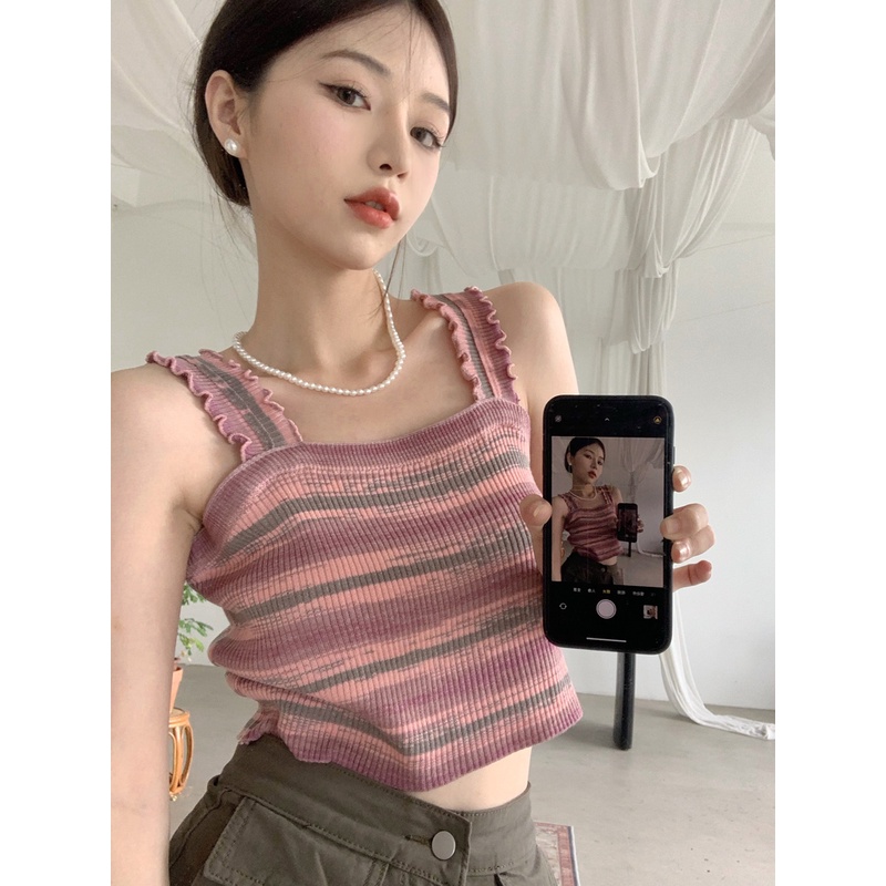 Áo yếm dệt kim ZHELIHANGFEI họa tiết vân kẻ sọc thời trang