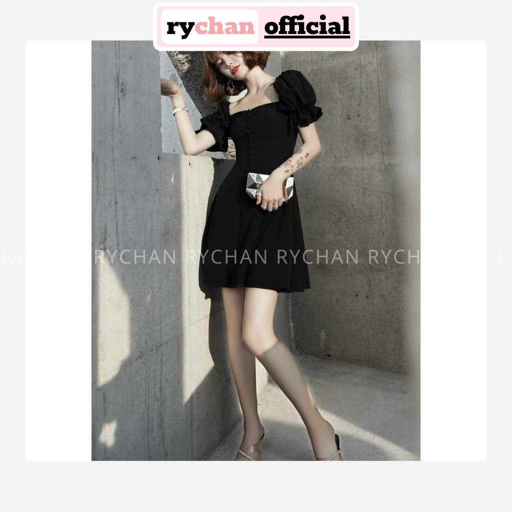 Đầm Xòe Cổ Vuông Tay Phồng Nút Bọc 2 Màu  - DX0141