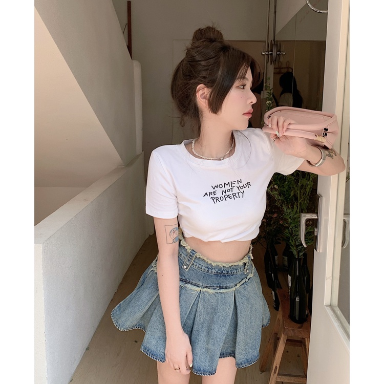 QKOOLE  Áo Thun Croptop Tay Ngắn Màu Trắng Phong Cách Hàn Quốc Cho Nữ