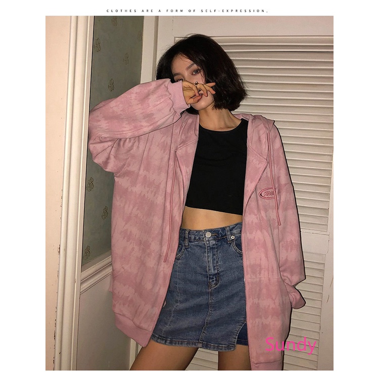 Áo Hoodie Tay Dài Nhuộm Màu Nhuộm Dáng Rộng Thời Trang Mùa Thu Cho Nữ