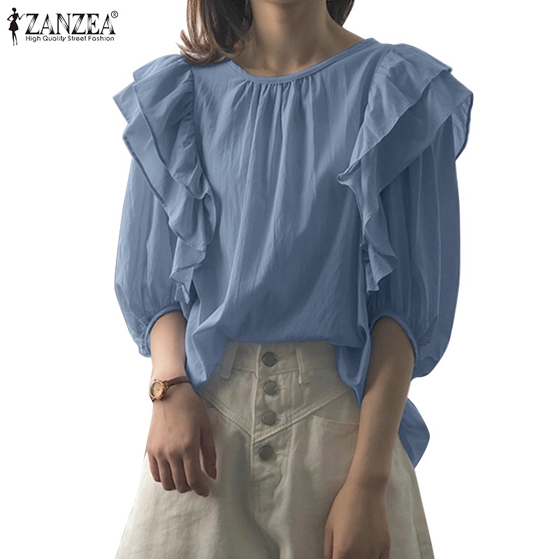 Áo kiểu Zanzea tay phồng cổ tròn màu trơn phong cách Hàn Quốc thời trang cho nữ