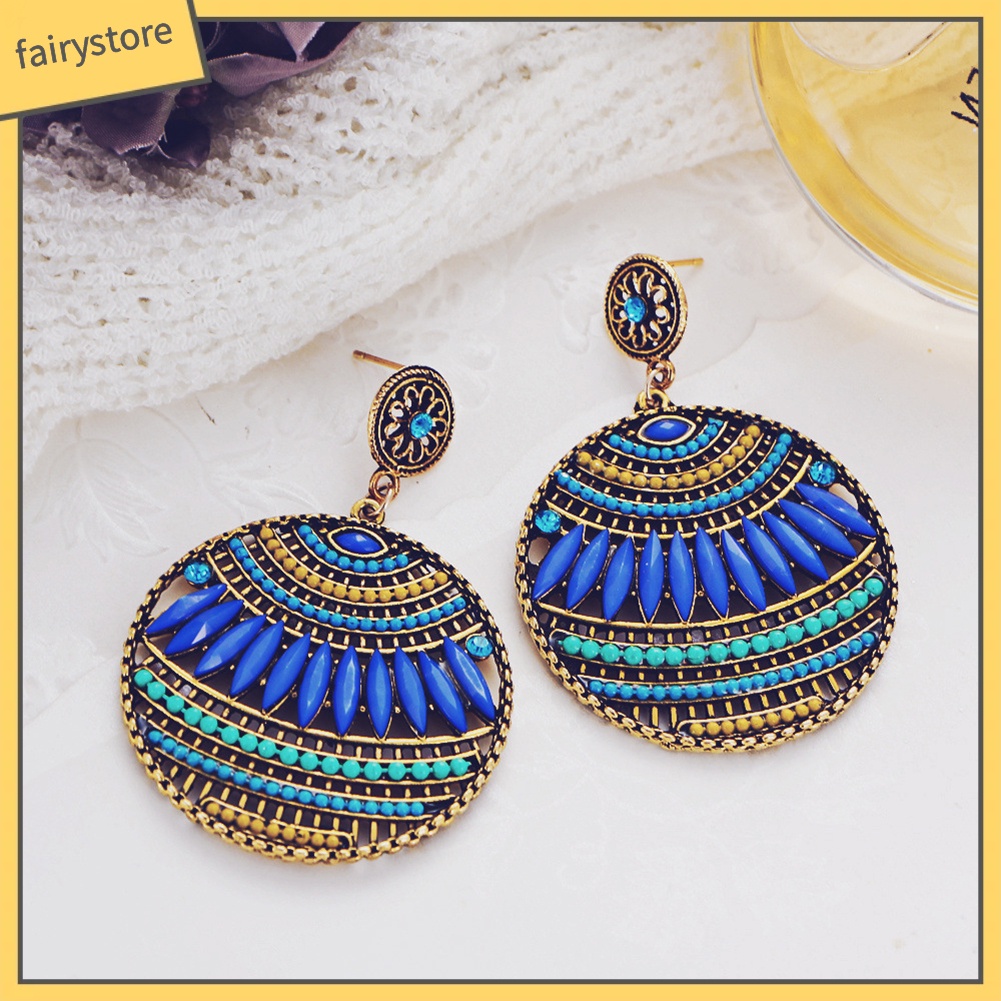 Khuyên Tai Mặt Tròn Đính Đá Nhiều Màu Sắc Phong Cách Bohemia