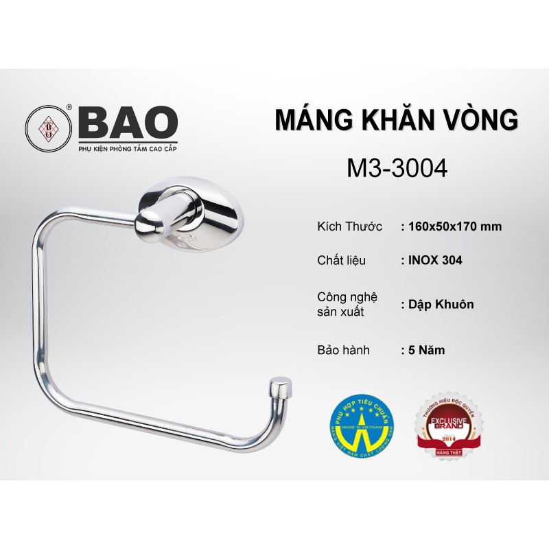 Vắt khăn vòng BAO M3-3004 Inox 304 trắng bạc, thiết kế đơn giản mà ấn tượng