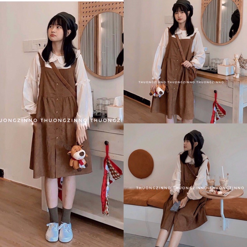 [Ảnh thật/Video] Set yếm nhung vintage dáng babydoll kèm áo cổ sen tiểu thư Set yếm vintage phong cách Hàn Quốc