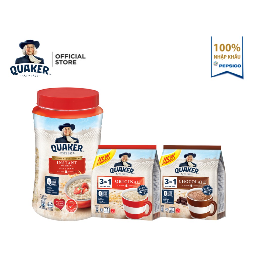 Combo : 1 Yến mạch Quaker hũ 600g + 2 Thức uống Yến mạch Quaker 3in1 vị Sô Cô La và vị Truyền Thống 420g/túi