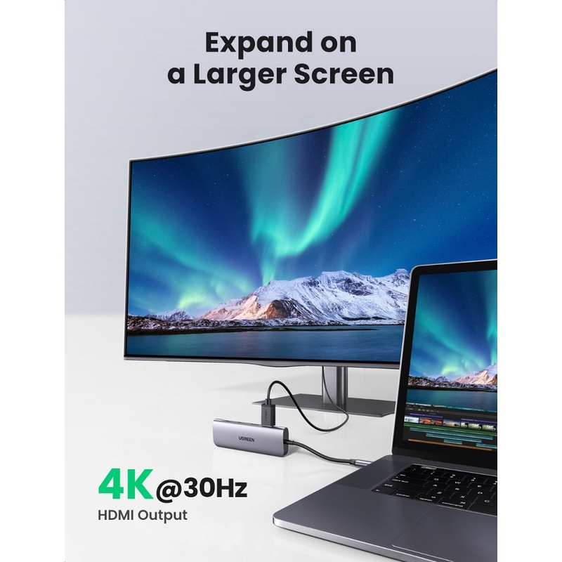 Thiết bị mở rộng Ugreen USB type-C to HDMI 4K30HZ / 3 cổng USB 3.0/SD/TF chính hãng 70410