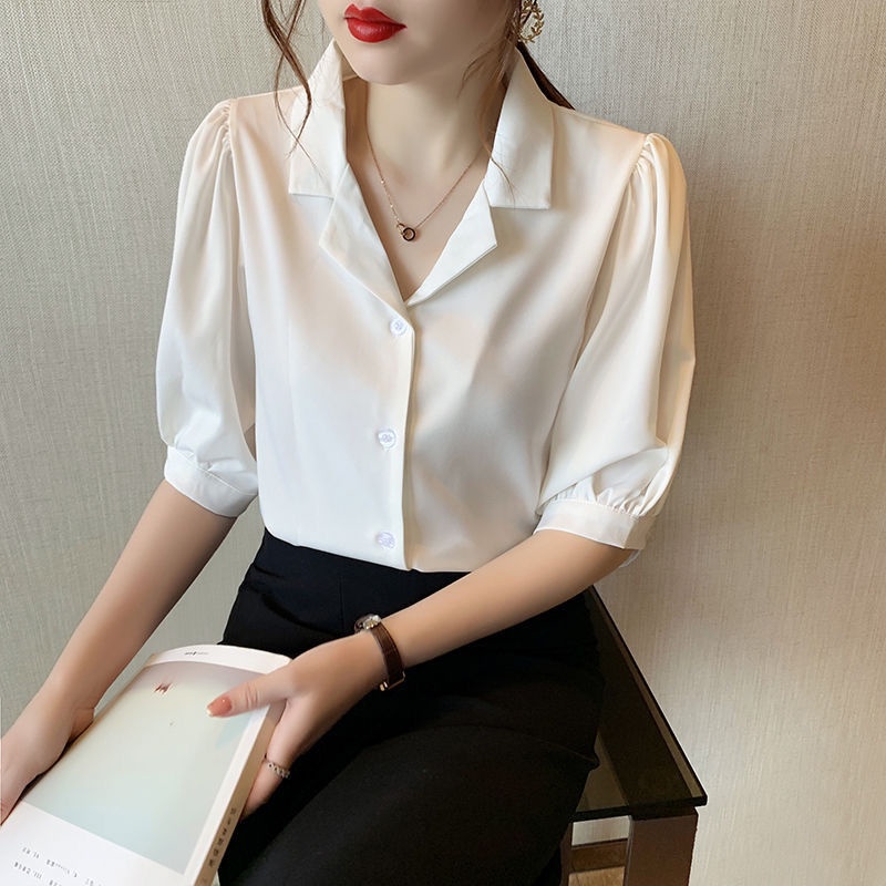 Áo sơ mi chiffon IELGY mỏng tay ngắn cổ chữ V hợp thời trang cho nữ