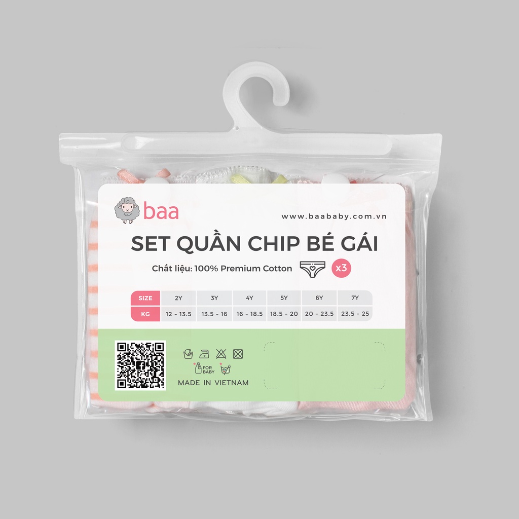 Set 3 quần lót cotton em bé, bộ quần chip thoáng khí cho bé gái từ 2 tuổi - 7 tuổi Baa Baby - GT-QL02C-03