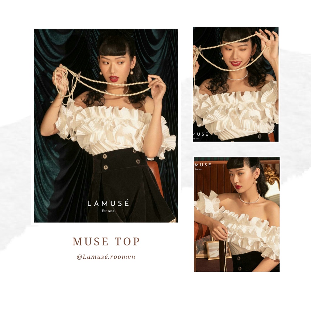 MUSE TOP - LAMUSÉ - Áo nhún bèo hở vai đi biển màu trắng