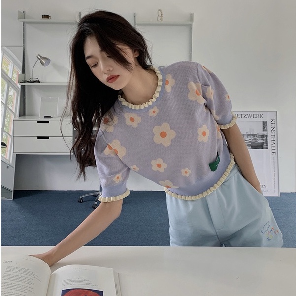 Xiaozhainv Áo Croptop Dệt Kim Ngắn Tay In Hoa Độc Đáo Thời Trang Mùa Hè Cho Nữ