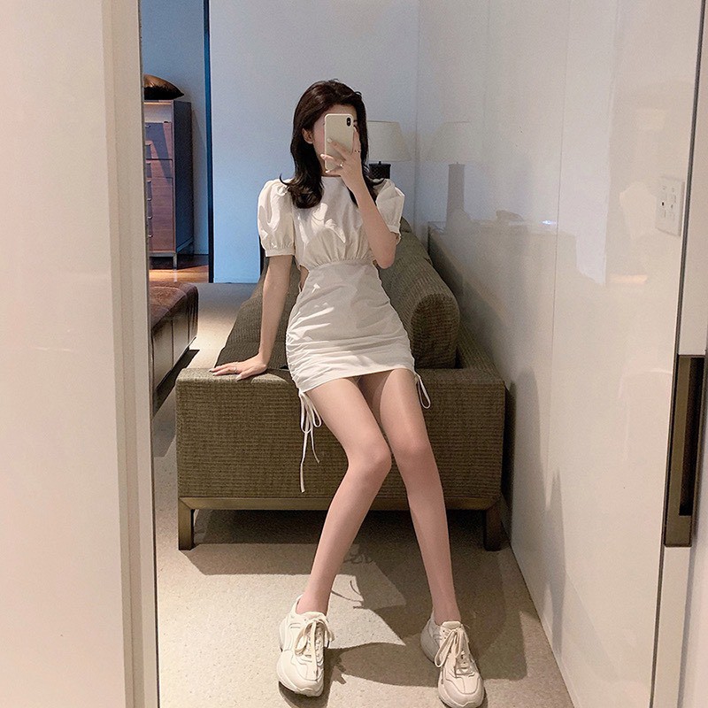 Váy nữ🍉Váy trắng khoét eo có dây rút vô cùng sexy, đầm nữ ôm body thiết kế cách điệu màu trắng eo rút mặc lên dễ thương | BigBuy360 - bigbuy360.vn