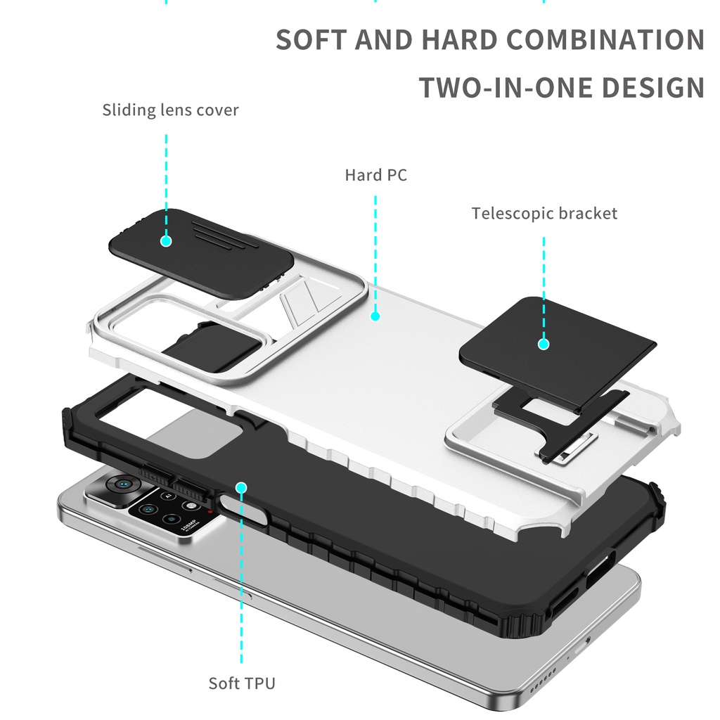 Case Mi 11T Pro Invisible Bracket Phone Case Xiaomi Poco M3 Pro 5G Mi 11T Mi 11 Lite 5G NE Redmi Note 10 Pro Max Redmi Note 11 11s Redmi Note 11 Pro Slide Camera Lens Protection Armor Shockproof Back Cover