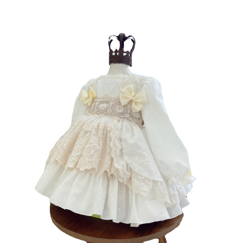 Đầm Công Chúa Lolita Phối Lưới Dễ Thương Màu Be In Hoa Dành Cho Bé Gái Sơ Sinh