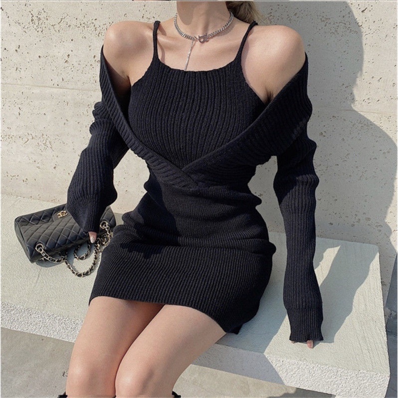 Đầm thun gân len cổ yếm, thu đông bodych