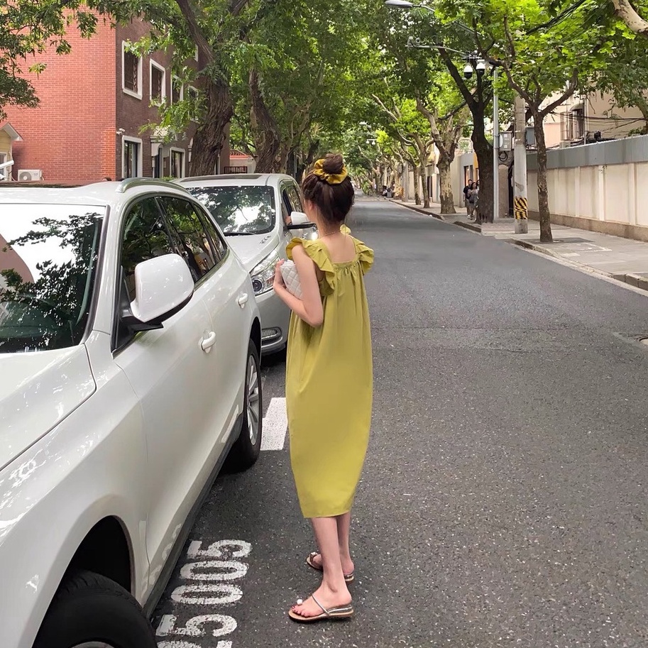 Đầm Nữ Màu Xanh Bơ - Váy Suông Nữ Tay Cánh Tiên Form Dáng Rộng Rãi Bầu Bí Bon Chen.