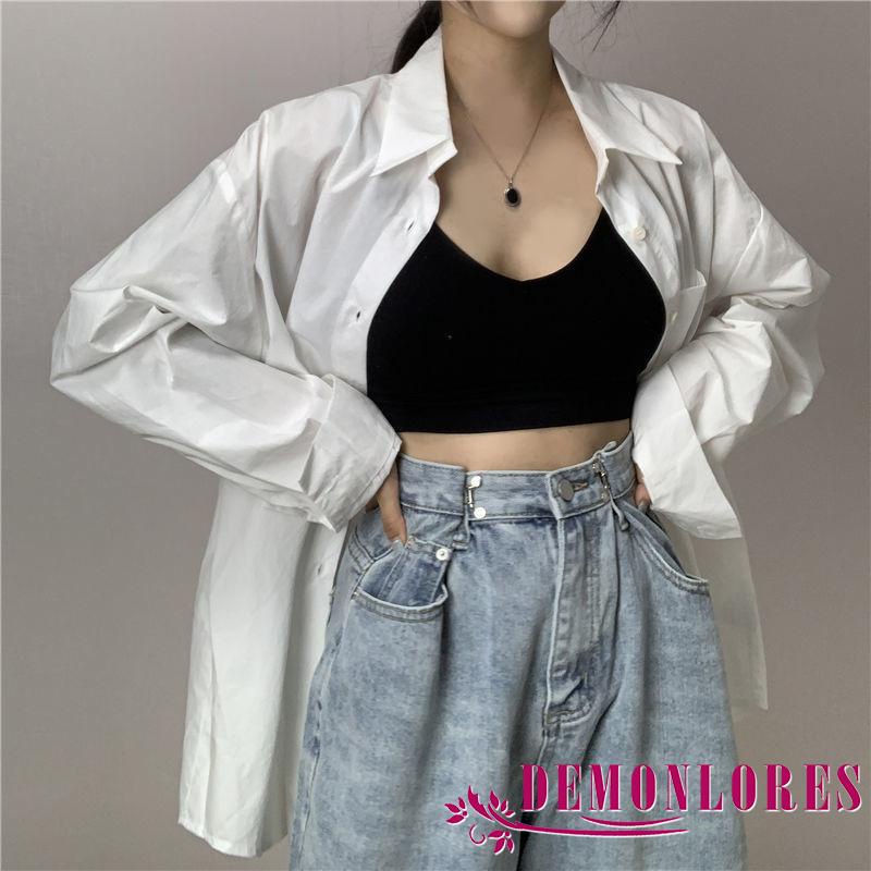 Áo Sơ Mi Tay Dài Cổ Bẻ Dáng Rộng Màu Sắc Đơn Giản Thời Trang Mùa Thu Cho Nữ