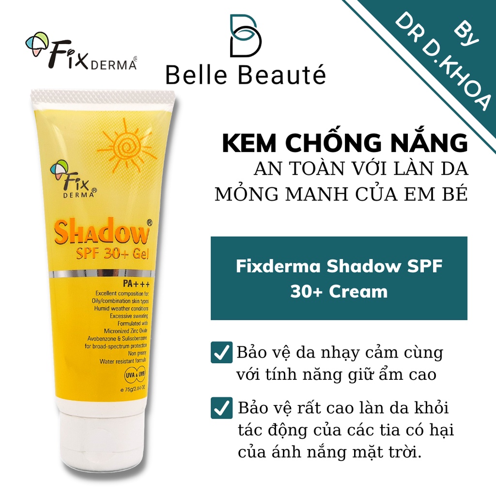 Kem chống nắng và giữ ẩm, giúp bảo vệ làn da nhạy cảm khỏi tác hại của tia cực tím Fixderma Shadow SPF 30+ Cream 75g