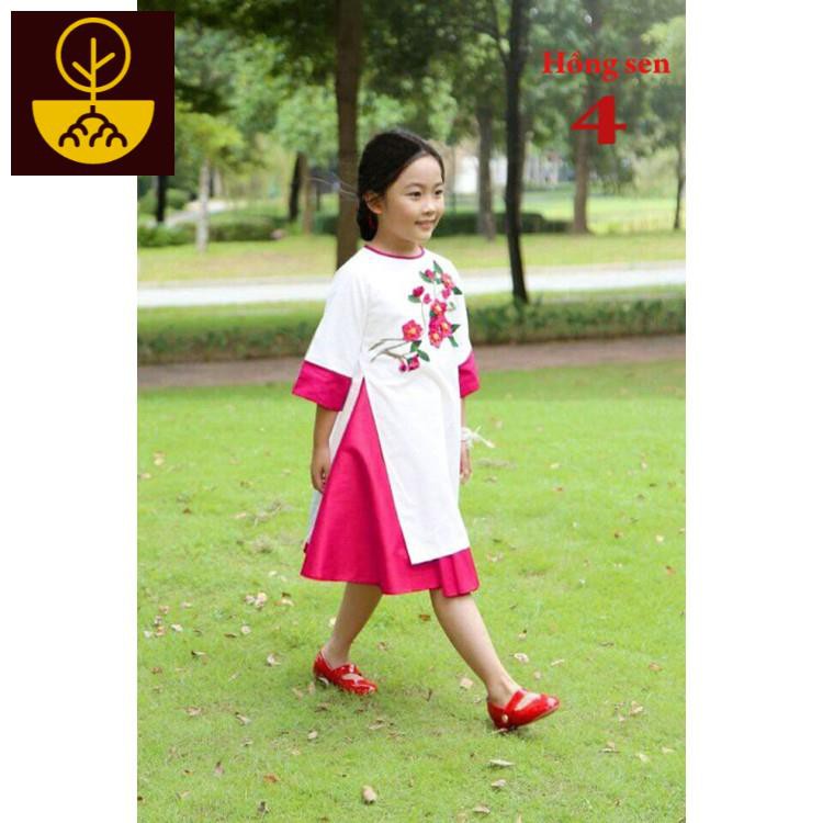 (Set 2) Áo dài thêu hoa kết hợp váy bé gái duyên dáng (Tặng kèm băng đô) (190142) Mi Mi shop