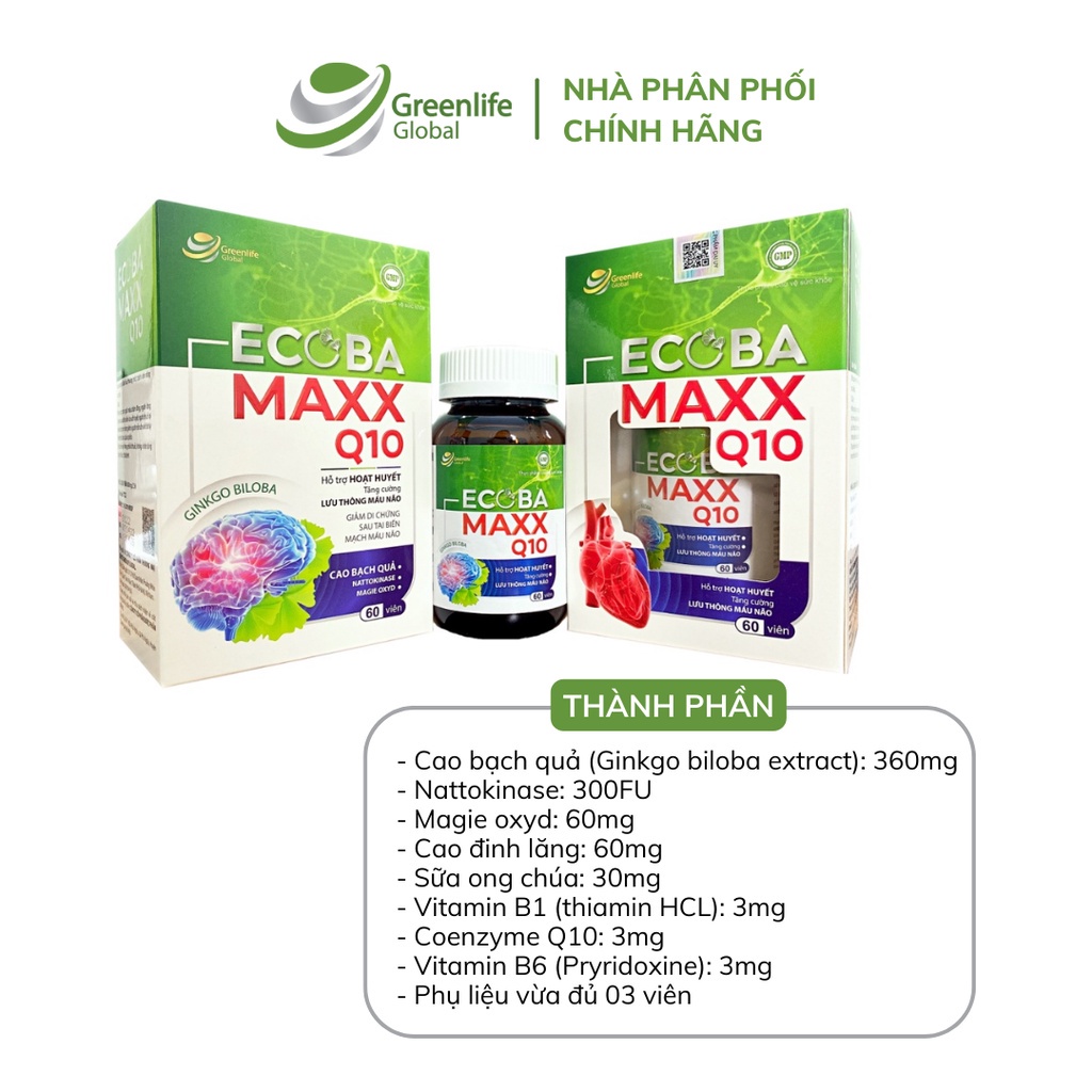 Viên uống bổ não GrnLife Ecoba Maxx Q10 Ginkgo 360mg - lưu thông, tuần hoàn máu não (60 viên nang mềm )