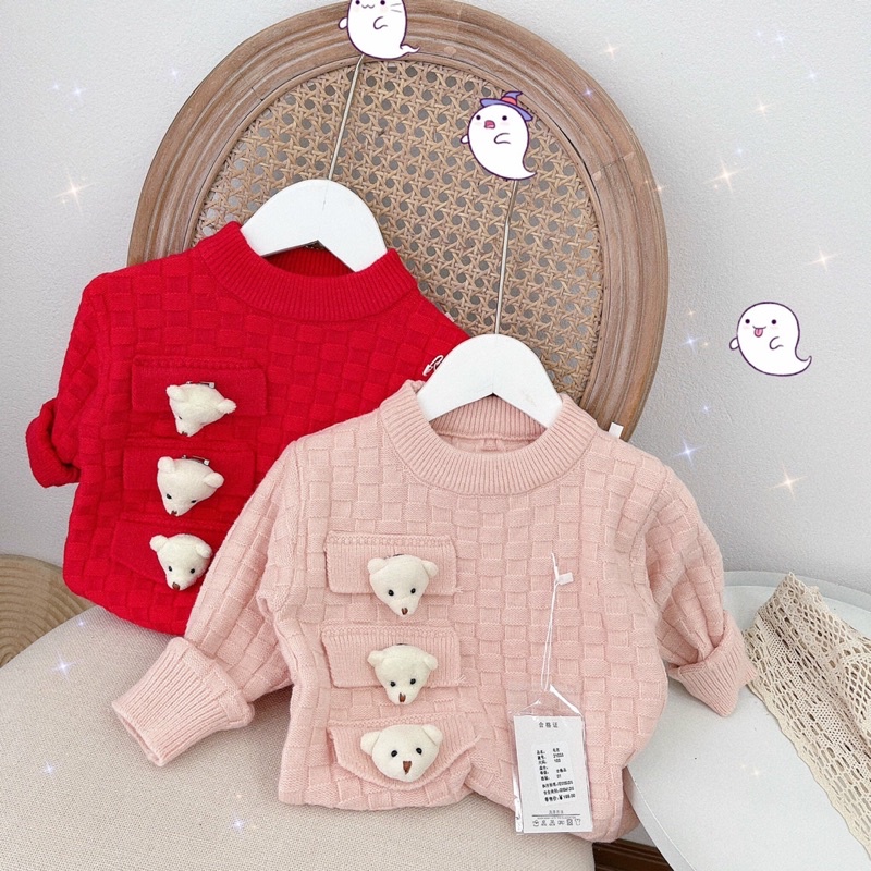 ÁO LEN ĐÍNH GẤU CAO CẤP CHO BÉ GÁI SIZE 100-140