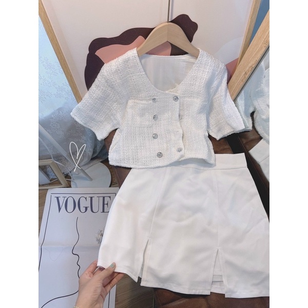 SET ÁO DẠ NÚT + CHÂN VÁY TRẮNG XẺ