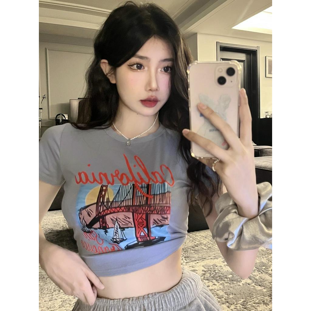 Áo Thun Cổ Tròn Dáng Ôm Ngắn In Họa Tiết Kiểu Retro Cá Tính 64016
