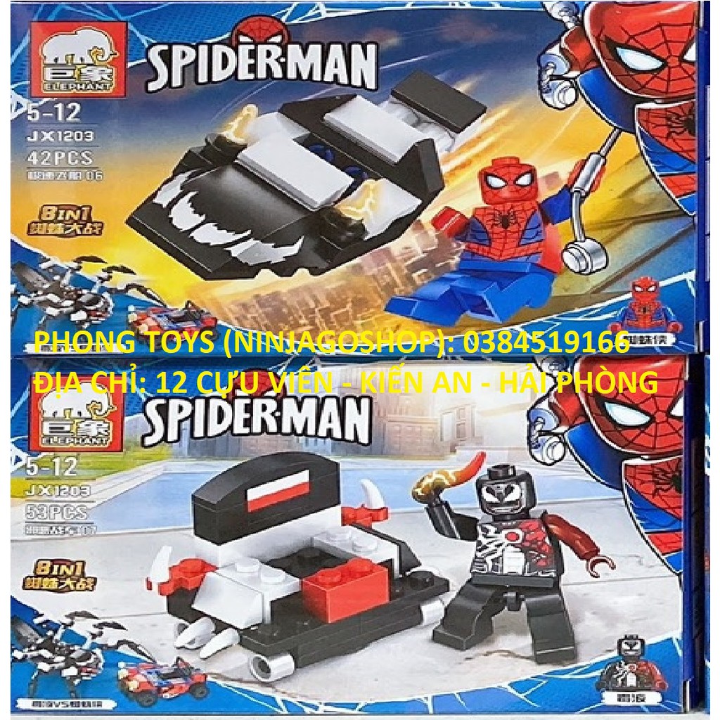 Lắp ráp xếp hình 8 BỘ LEGO NGƯỜI NHỆN 1203 AVENGERS : CHIẾN BINH SPIDERMAN NGƯỜI NHỆN ĐỎ VÀ ĐEN 8 IN 1