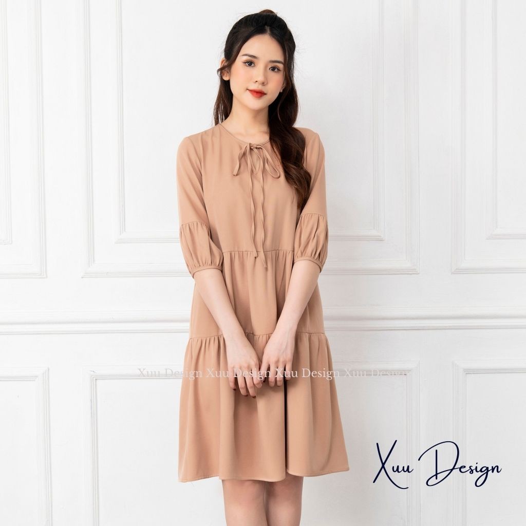 Váy babydoll dáng suông dài, cổ thắt nơ tiểu thư, tay lỡ phối tầng - Xuu Design V03
