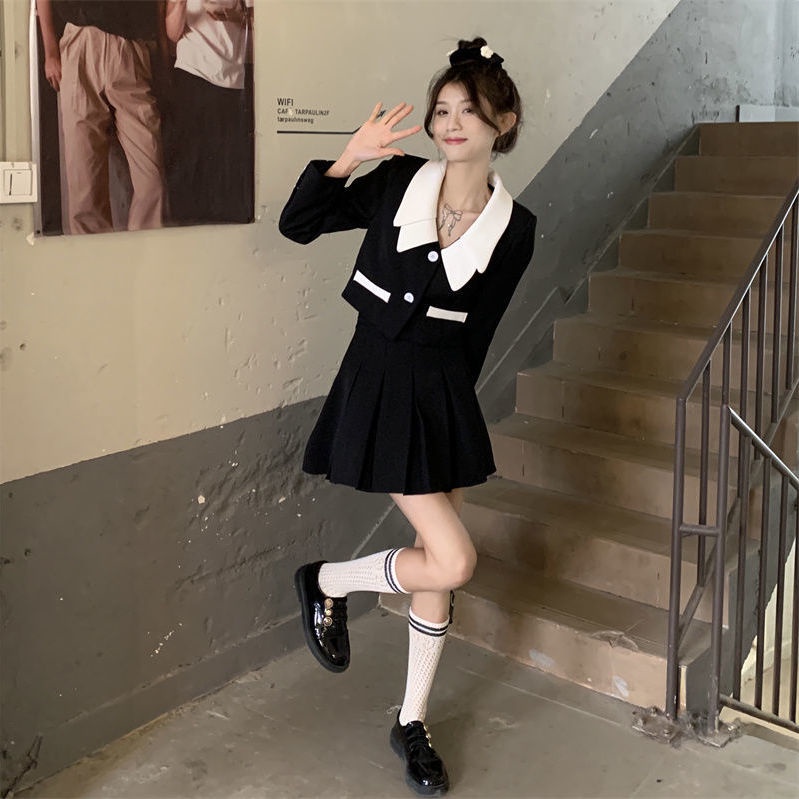 Set Áo Khoác Tay Dài + Chân Váy Xếp Ly Lưng Cao Phong Cách Hàn Quốc Cho Nữ