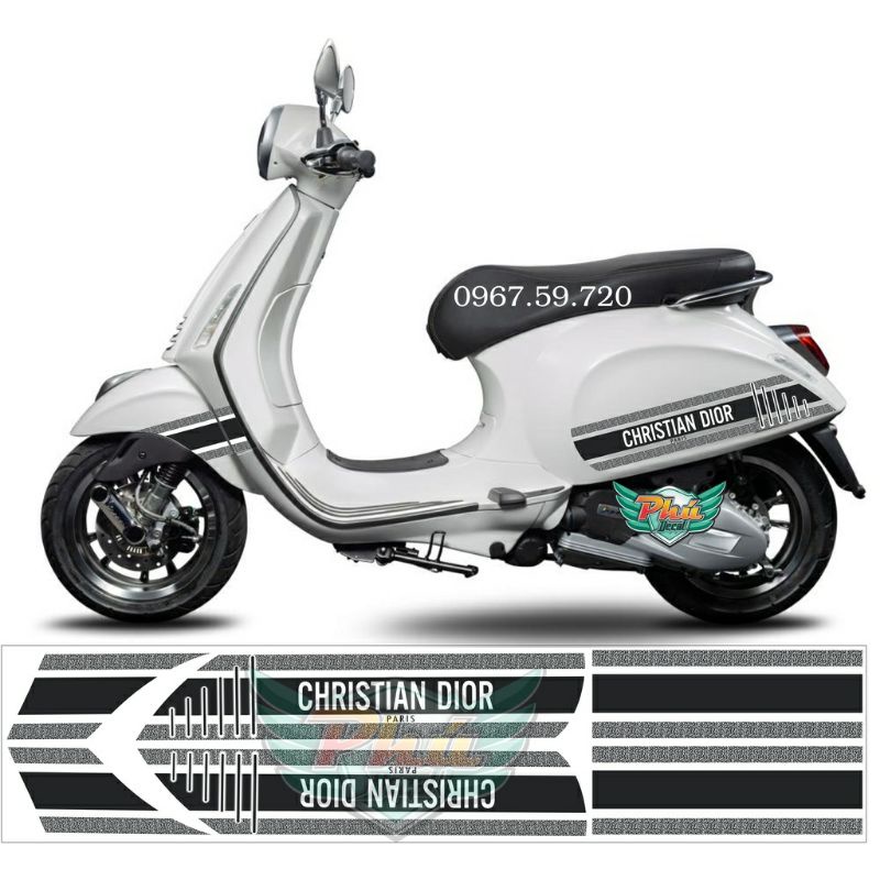 Bộ tem rời Christian Dior dán xe Vespa Sprint, Vespa Primavera, Vespa LX trắng đen