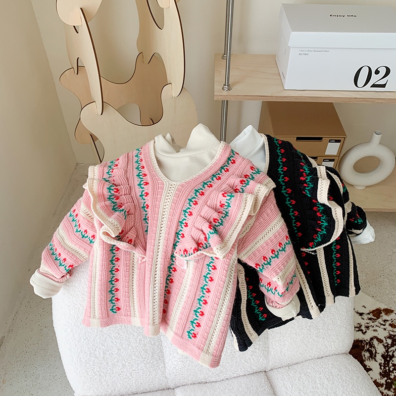 Áo sweater dệt kim kẻ sọc phối dây thời trang thu đông phong cách phương Tây cho bé gái 2021