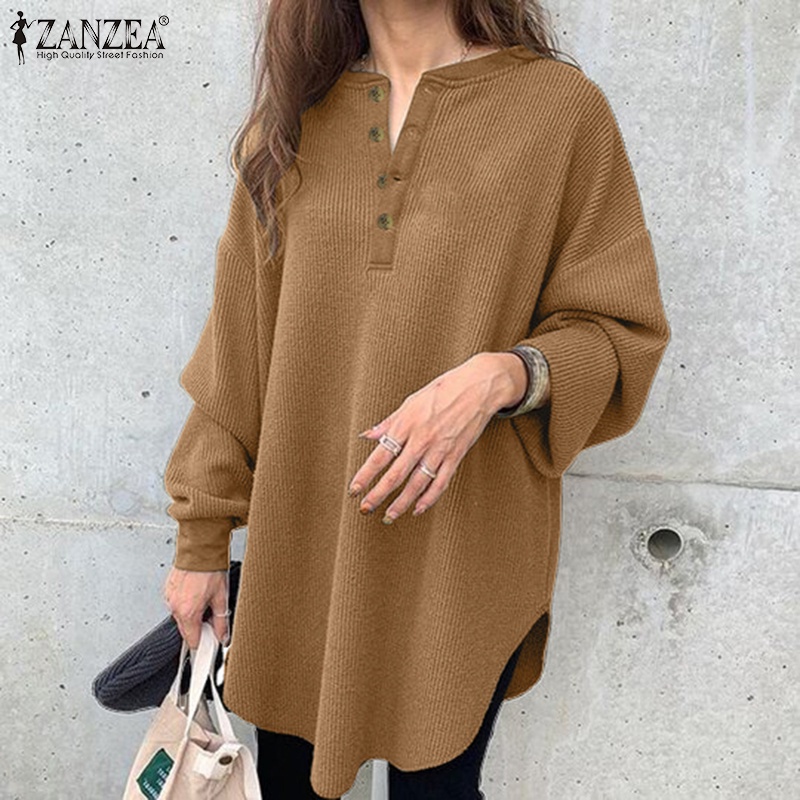 Áo kiểu ZANZEA màu trơn tay dài cổ chữ O thời trang Hàn Quốc cho nữ