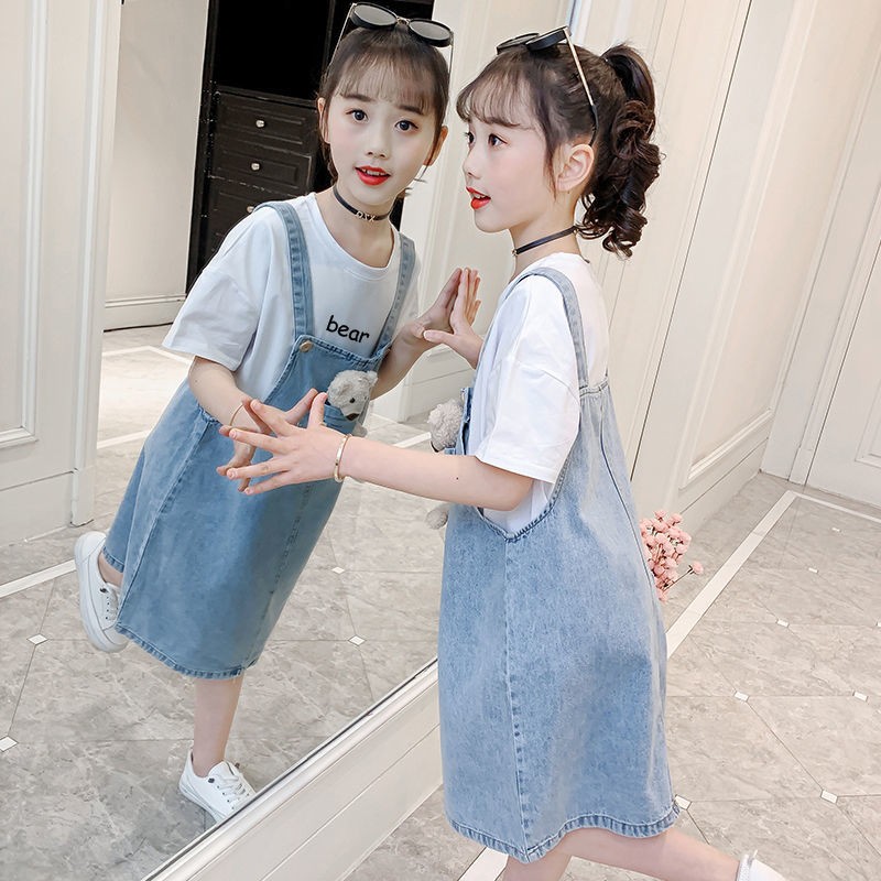 Set Áo Thun Ngắn Tay + Đầm Yếm denim Thời Trang Hàn Quốc Cho Bé Gái
