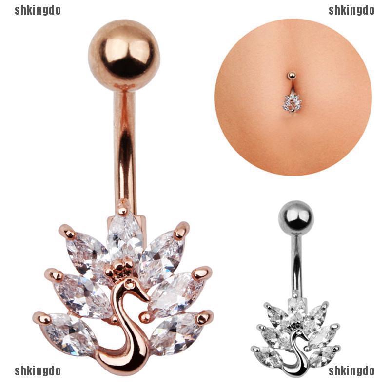 Khuyên rốn hình chim công đính đá nhân tạo bằng thép không gỉ