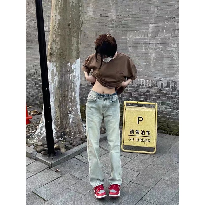 Quần Jean Dài Dáng Suông Rộng Màu Sắc Bùn Vàng Phong Cách Đường Phố Mỹ Cổ Điển Thời Trang Mùa Thu Cho Nữ