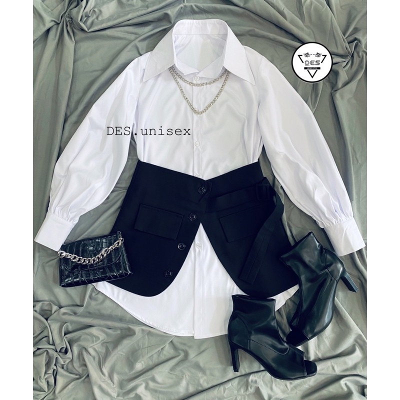 Set đầm sơmi phối đai eo xẻ